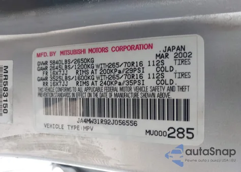 2002 Mitsubishi Montero Xls z USA, uszkodzony, nr VIN JA4MW31R92J056556